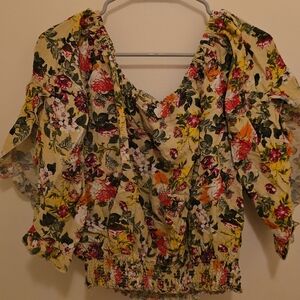 Ashley Stewart Linen Open Sleeve Floral Women's Top -100% LINEN Size 24
